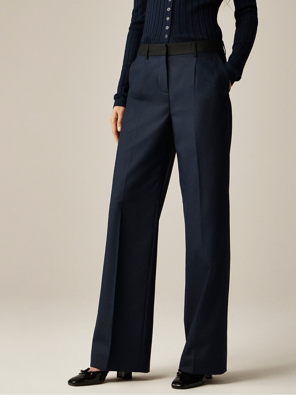 J. Crew Navy Wide-Leg Trousers with Black Waistband